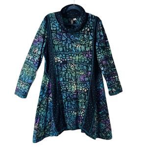Winter Sun XL artsy mixed print mock neck princess seam tunic dress